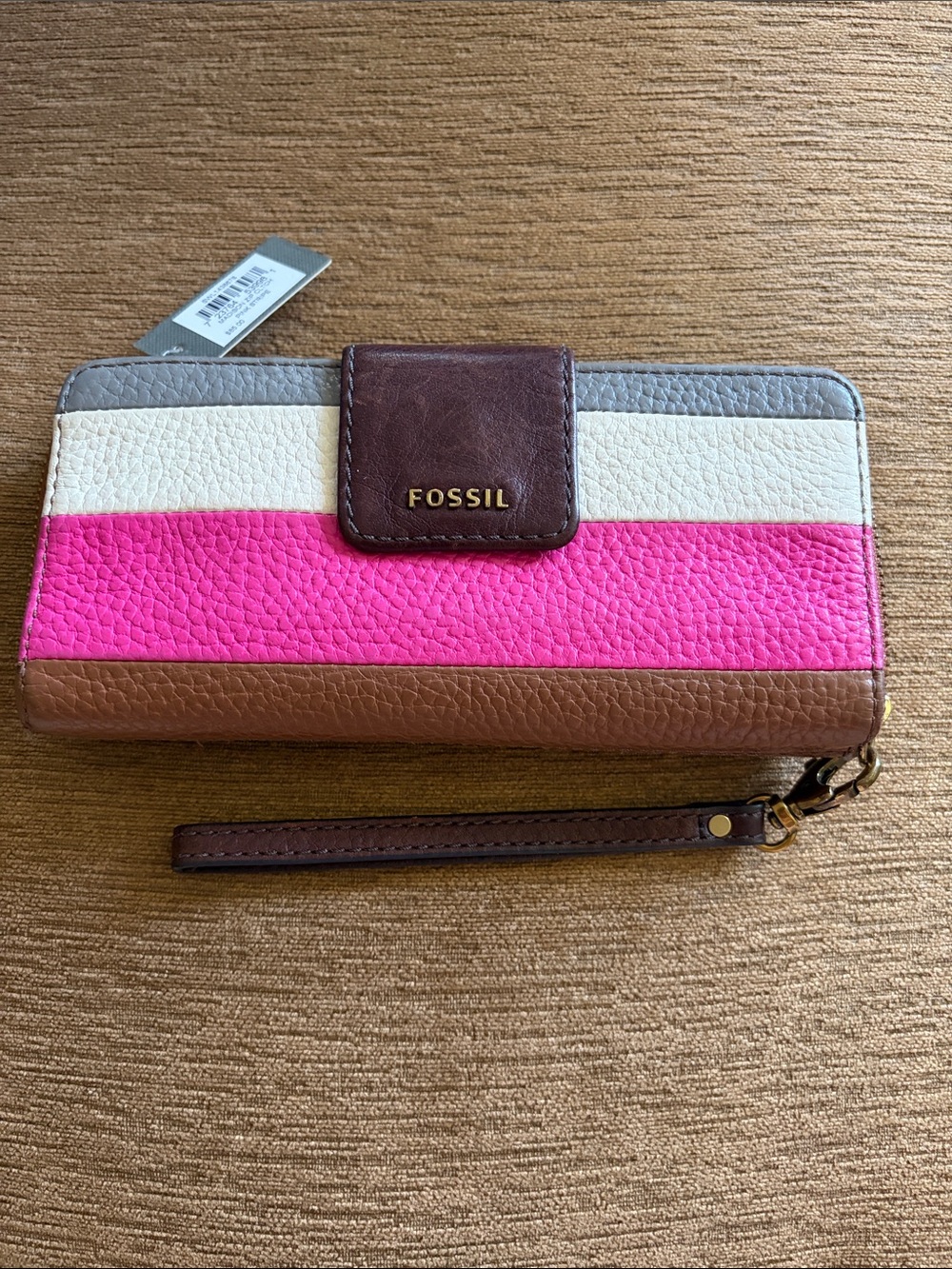 Fossil Striped Leather Wristlet Wallet in Pink, Brown & Cream NWT